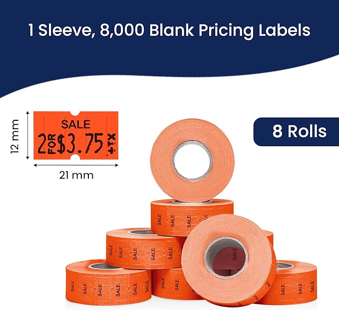 Perco 1 Line Fluorescent Red Sale Labels - 8 Rolls, 1 Sleeve, 8,000 Blank Price and Date Gun Labels for Perco 1 Line Price and Date Guns - Made in USA