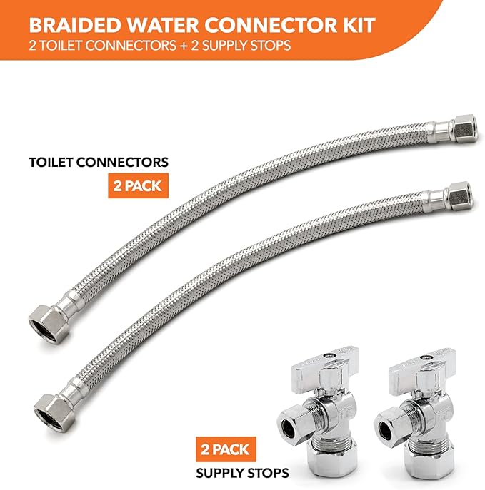 Faucet Connection Bundle Kit, Stainless Steel Faucet Water Hose, 3/8" Compression x 1/2" FIP, 20" Length (2) + Supply Stop Angle Valves, 5/8" Compression x 3/8" Compression (2)