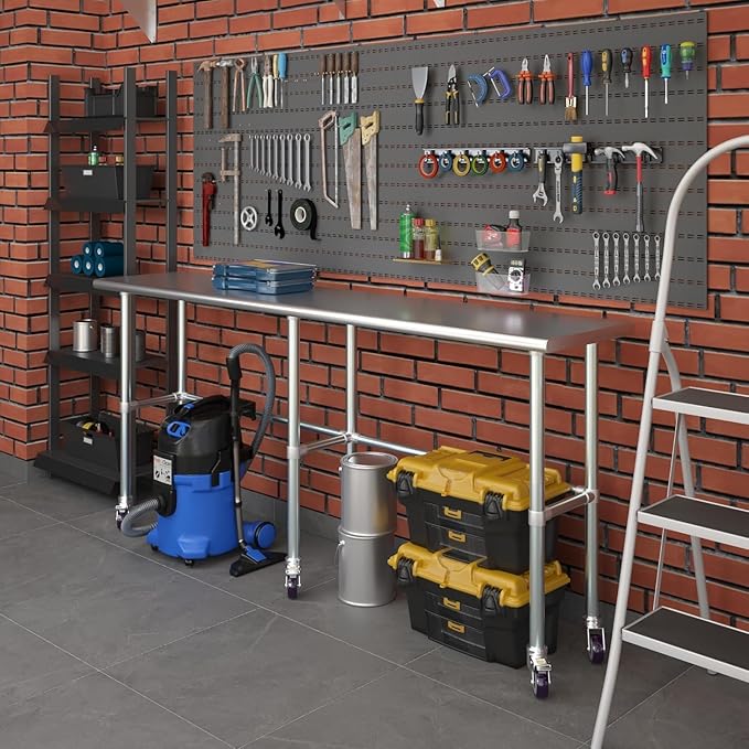 Stainless Steel Work Table Open Base & Wheels | Work Station | Metal Work Bench (Stainless Steel Work Table Open Base + Casters) (84" Long x 18" Deep)