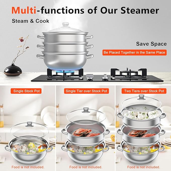 3-Tier Stainless Steel Steamer Pot for Cooking, 11"L Food Steam Pots with Transparent Lid & Rivets Handles, Multi-functions Kitchen Cookware for Cooking, Steaming and Boiling