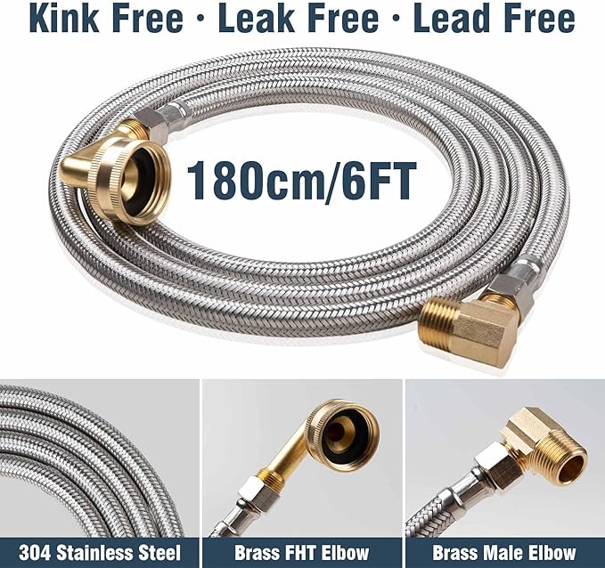Universal Dishwasher Installation Kit, 6 FT Dishwasher Supply Line, 3/8 Inch Compression x 3/4 Inch FHT Elbow, Stainless Steel Braided Dishwasher Installation Connector, 41015 (6 FT)