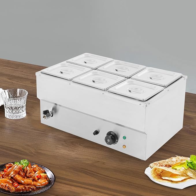 6-Pan Commercial Food Warmer,110V Electric Stainless Steel Steam Food Warmer with Lid,Electric Bain Marie Countertop with Temperature Control for Catering,Restaurant,Party (Small 6-Pan)