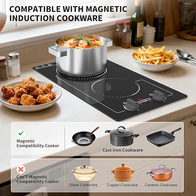 Double Induction Cooktop, 110V 2300W hot plate with LED Touch Screen, 9 Power Levels, Kids Lock & Timer, Overheat Protection, knob and touch control 2 burner Induction cooktop