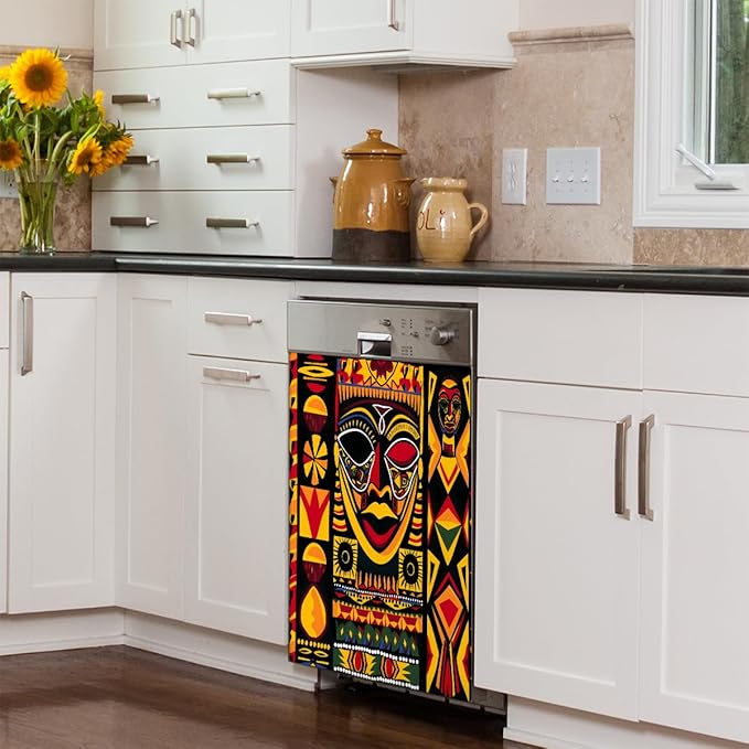 Dishwasher Magnet Cover African Art Geometric Print Reusable Dishwasher Magnetic Cover Sticker Decorative Dish Washer Door Cover Panel for Home Kitcen Appliance