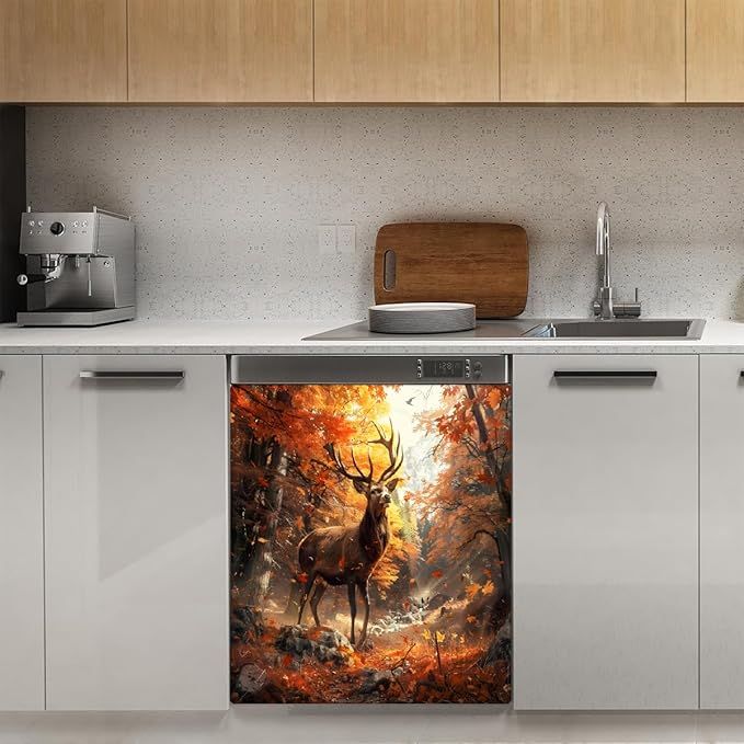 Dishwasher Magnet Cover Front Dishwasher Cover Decoration Reusable Magnetic Door Cover Panel Decal Home Appliances Stickers Kitchen Refrigerator Fridge Autumn Forest Deer 23"x26"