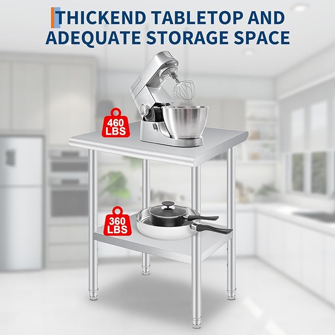  Stainless Steel Prep Table, 24 x 36 Inches Heavy Duty Commercial , with Rounded-Corner, Adjustable Undershelf and 4 Caster Wheels, Heavy Duty Work Table with Adjustable Under Shelf for Outdoor, Res