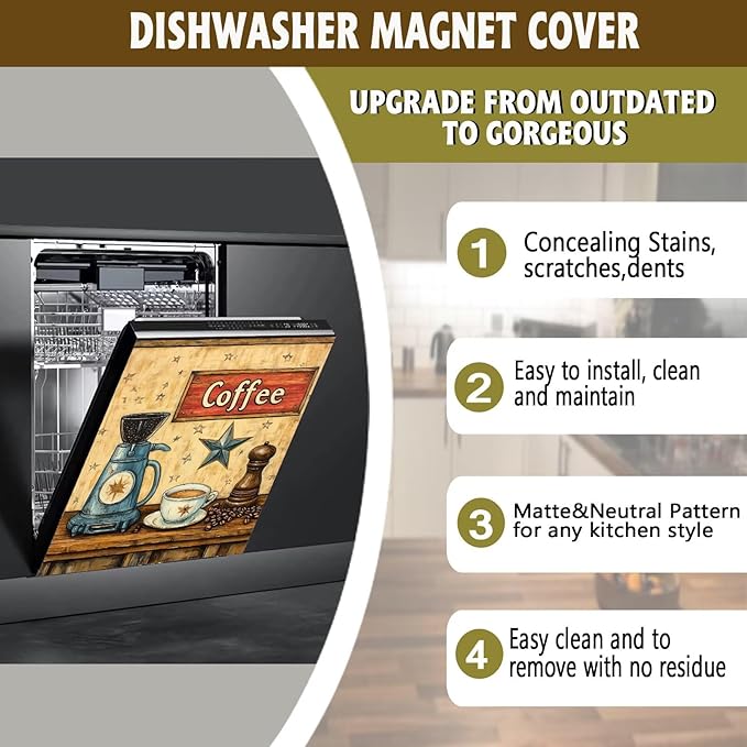 Vintage Coffee Dishwasher Magnet Cover,Retro Coffee Maker Magnetic Dishwasher Cover Vinyl Sticker,Coffee Bean Fridge Door Cover Magnets Art Skin Panel Decal,Home Decor Decal,23"X26"