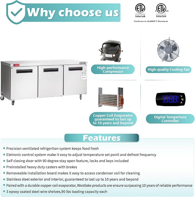 WESTLAKE 72"" W Commercial Refrigerator Worktop Undercounter Refrigerator 17.7 Cu.ft Single Door Stainless Steel Counter Fan Cooling Refrigerator Food Prep Station for Restaurant, Bar, WKTR-72B