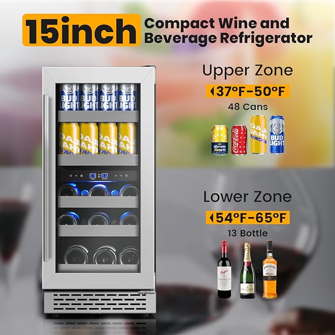 15 Inch Wine and Beverage Refrigerator,13 Bottle & 48 Cans Dual Zone Beverage Fridge with Reversible Glass Door,Freestanding/Under Counter Wine Fridge with 360 Air Cooling for Home Bar Office