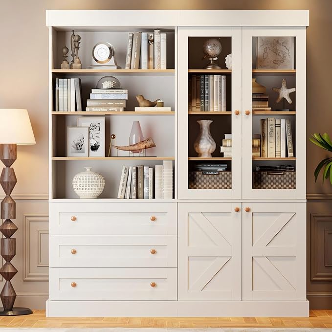 Vyre 71" Tall Farmhouse Kitchen Pantry, Large Storage Cabinets with Glass Doors, Hutch Cabinet with 3 Drawers, Adjustable Shelves for Living Room, Dining Room