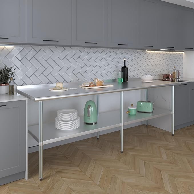 AmGood Stainless Steel Work Table with 1.5" Backsplash | Metal Kitchen Food Prep Table | NSF (96" Long x 30" Deep)