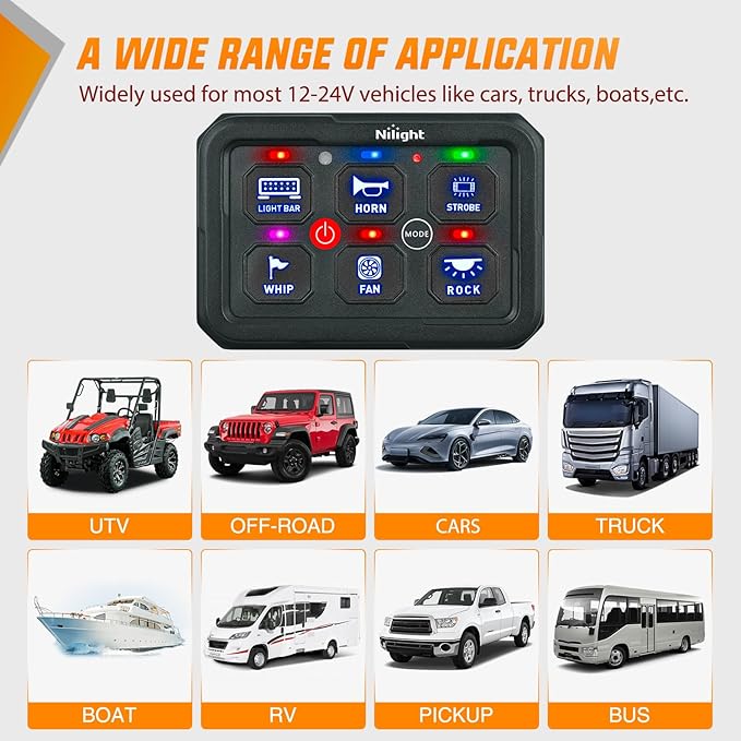 Nilight 6 Gang Switch Panel Blue Circuit Control Relay System with Fuse Wiring Harness Toggle Momentary Strobe Flash Modes Automatic Dimmable ON Off Pod 12V 24V for Car Truck Camper SUV