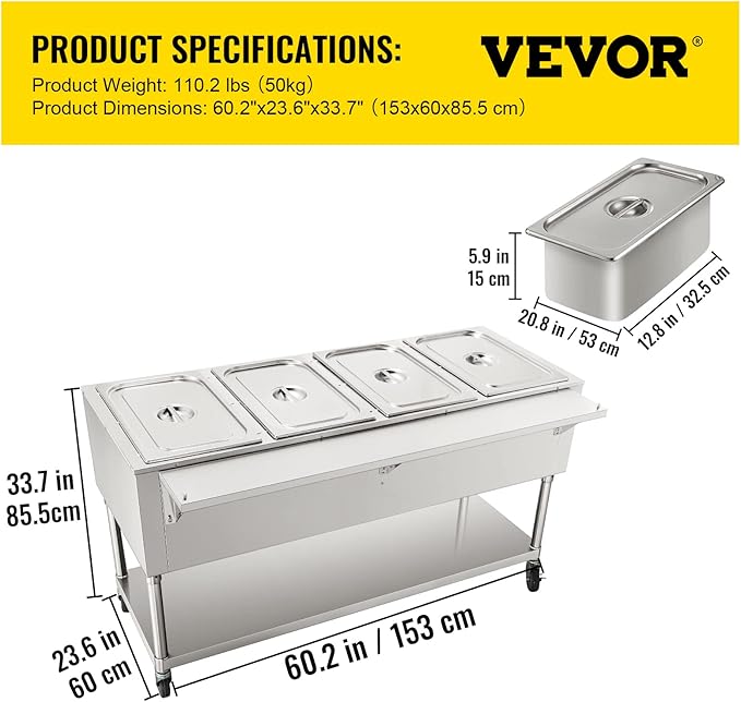 VEVOR Commercial Electric Food Warmer, 4-Pot Steam Table Food Warmer 0-100℃ w/ 2 Lockable Wheels, Professional Stainless Steel Material for Catering and Restaurants
