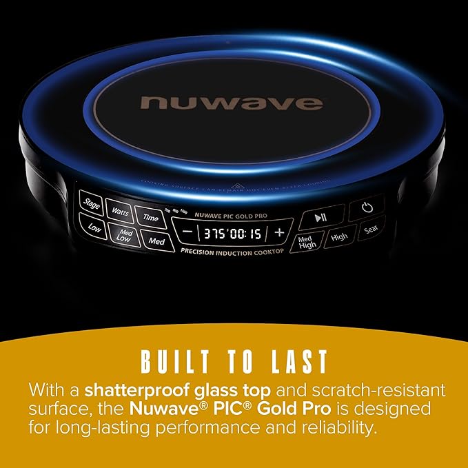 Nuwave Gold Pro Precision Induction Cooktop, Large 8” Heating Coil, 12” Heat-Resistant Cooking Surface, Adjustable Wattages,100°F to 575°F, Portable, Built-In Safety Auto Shut Off