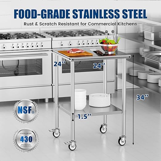 Stainless Steel Work Table with Wheels, 24x24 Inch NSF Kitchen Prep Table with Adjustable Undershelf for Commercial Restaurant, Garage, Outdoor BBQ
