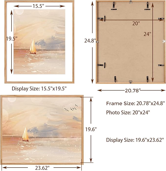 Rustic Oak Wooden Picture Frame, 20x24 with Tempered Glass, Matted to 16x20 (Natural Oak, 1 Pack)