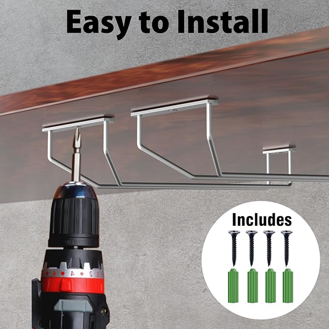 14-Inch Under Cabinet Wine Glass Holder - Metal Stemware Storage Hanger, Single Rail Hanging Rack for Kitchen Bar - Set of 2