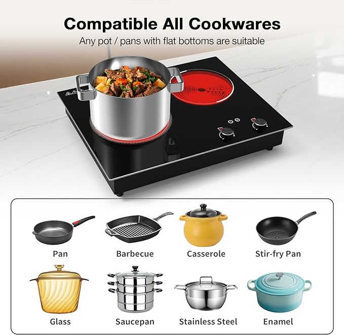 VBGK Electric Cooktop,2100W Built-in & Countertop 2 Burner Electric Cooktop,Electric Stove Top with10 Heating Level, Timer & Kid Safety Lock, LED Knob Touch Control Electric Burner with Plug