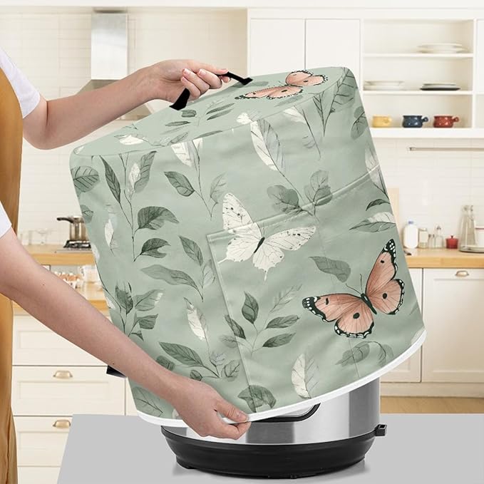 Dust Cover for 6 Quart Pressure Cooker Cover Dust Protection Easy Cleaning Electric Appliance Air Fryer with Pocket Home Decor, Butterfly Leaf Green