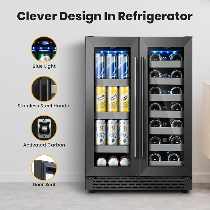 24 Inch Black Dual Zone Wine Fridge,20 Bottle & 88 Cans Wine and Beverage Refrigerator with Glass Door,Undercounter&Freestanding Stainless Steel Handle Wine Cooler Refrigerator for Home,Party