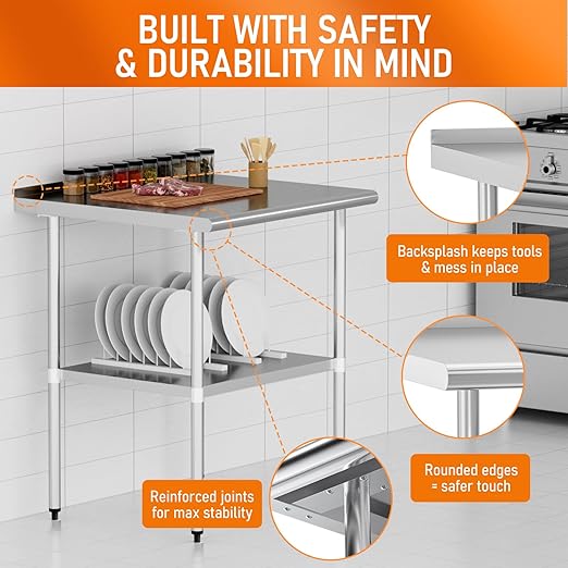 HOCCOT Stainless Steel Table 24" x 30" with Adjustable Undershelf and Backsplash, Commercial Metal Workstations for Kitchen, Garage, Outdoor BBQ