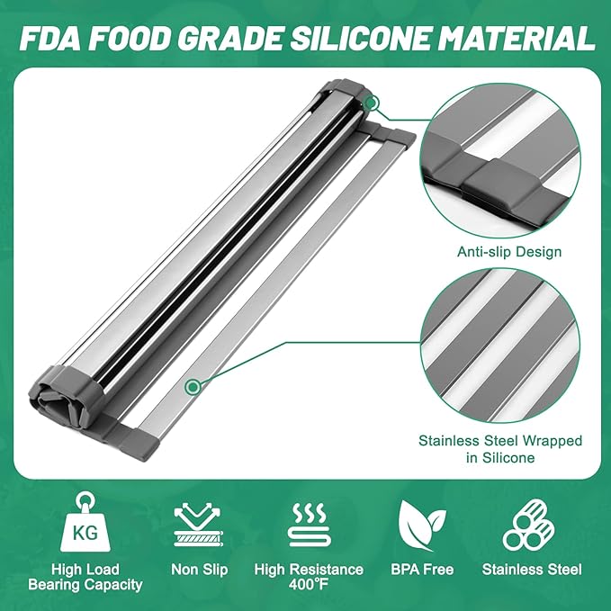 16.5" X 13" Roll Up Dish Drying Rack，Over The Sink Drying Rack 304 Stainless Steel Foldable Heat-Resistant Dishes Drainer for Kitchen and RV Sink Counter