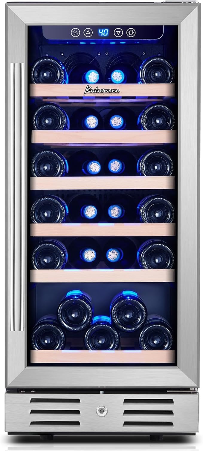 Kalamera Wine Fridge 18 Bottle - 12 inch Mini Cooler Refrigerator, Built-in or Freestanding, with Stainless Steel & Double-Layer Tempered Glass Door, and Temperature Memory Function