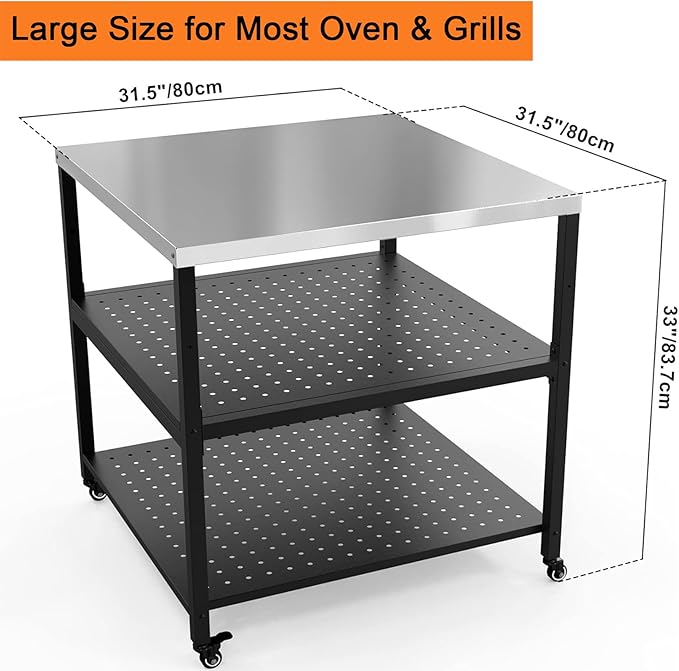 Mimiuo Grill Cart Pizza Oven Stand for Most Pizza Oven 31.5 x 31.5 x 33 inch, Large Stainless Steel Modular Table for Indoor Outdoor, Movable Food Prep Dining Trolley for Kitchen Patio Backyard