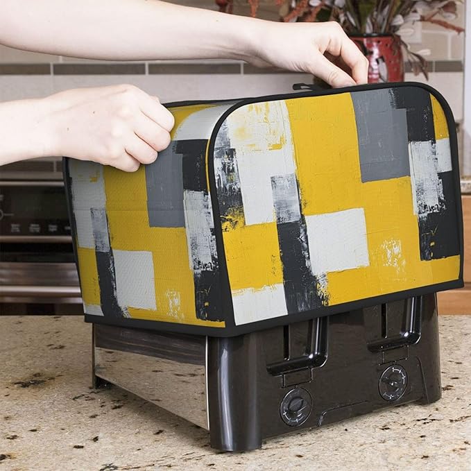 4 Slice Toaster Cover for Kitchen Yellow White Modern Art Waterproof and Dustproof Toaster Dust Cover with Side Pockets Decorative Universal Cover for Wide Slot Toasters and Small Appliances