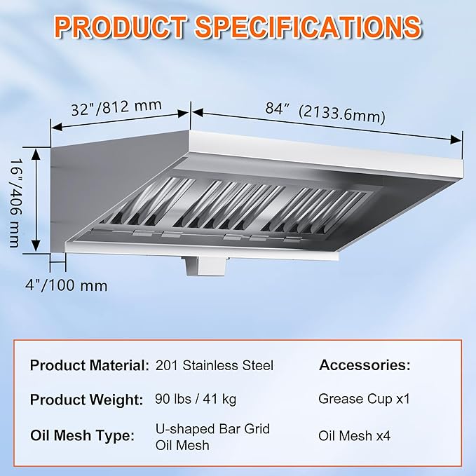 Commercial Exhaust Hood 7 FT Stainless Steel Concession Trailer Hood(No Motor) for Commercial Kitchen