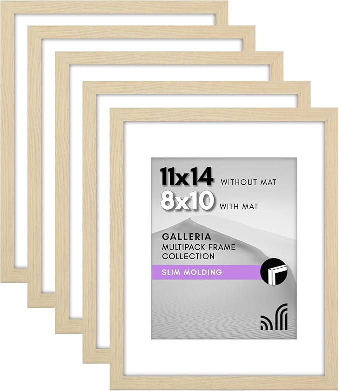 Americanflat 11x14 Picture Frame with Polished Plexiglass - Set of 5 - Use as 8x10 Frame with Mat or Display 11x14 Photo Without Mat - Galleria Collection - Picture Frames for Wall - Natural Oak