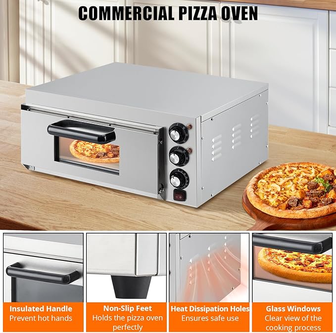 Electric Pizza Oven 14 inch Countertop Pizza Maker with Pizza Stone and Handle, Visual Viewing Window, Timer & Temp Control, Stainless Steel Pizza Cooker for Home Kitchen & Commercial