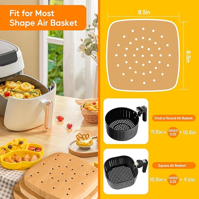 Katbite 200Pcs 8.5 inch Air Fryer Parchment Paper Liners, Unbleached Air Fryer Paper Liners Disposable，Non-Stick & Heavy Duty Square Perforated Parchment Paper for Steamer, Oven, Air Fryer