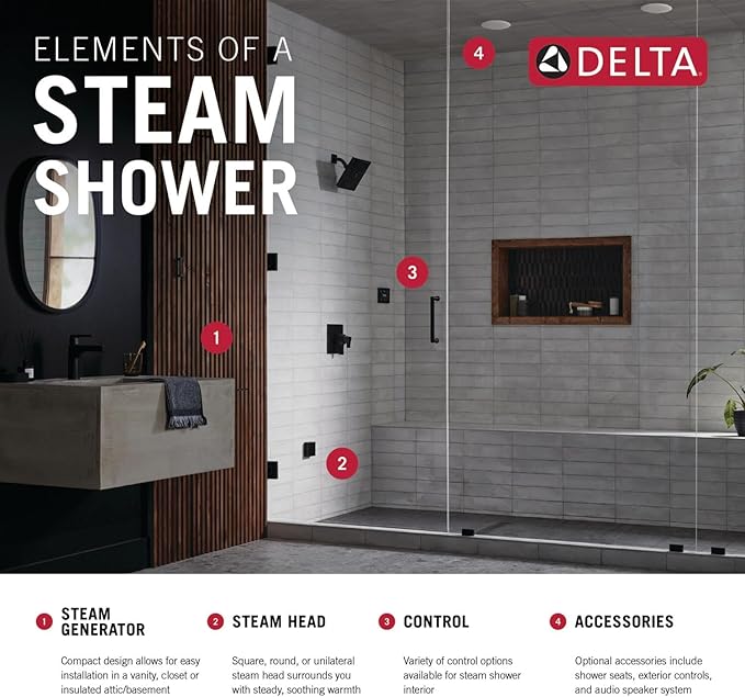 Delta Faucet SimpleSteam 10kW Steam System Kit Chrome, Includes 10kW Steam System Generator, Square Digital System Control, Square Steam Head, Lumicoat Chrome 5P-EST010-PR