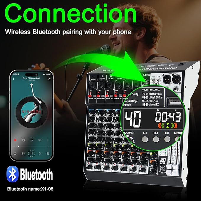 Audio Mixer 8 Channel Professional Sound Mixer Console with 99 DSP Effects, Mixing Board DJ Mixer w/USB, Bluetooth, 48V Power Supply, PAD Button for Recording Karaoke PA Drum Live Music