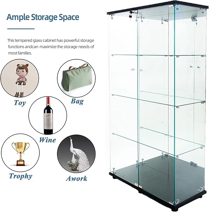 Glass Display Cabinet with LED Light Strip & Mirror Back Panel, 4 Shelves with 2 Doors, Curio Storage Cabinets with Lock for Living Room, Office, Floor Standing Glass Bookshelf - Black