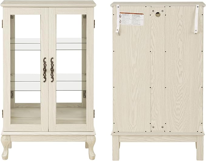 43" H Lighted Curio Cabinet Display Case, Glass Curio Cabinet with Adjustable Shelves & Tempered Glass Door, Wooden Cabinets with Mirrored Back Pane for Living Room (Antique White)