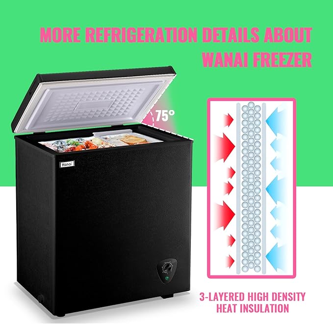 Deep Freezer WANAI 5.0 Cubic Chest Freezer with Top Open Door and Removable Storage Basket, 7 Gears Temperature Control, Energy Saving, Ideal for Office Dorm or Apartment