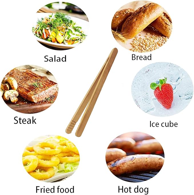 7 Inch Bamboo Kitchen Utensil Tongs, Reusable Bamboo Toast Tongs for Toast, Kimchi, Fruit and Tea, 8 Pcs.