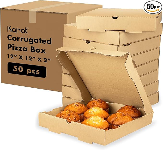 Karat Pizza Boxes 12" x 12" x 2" [50 Pack] Kraft Corrugated Boxes | Ventilated, Grease-Resistant, Durable for Pizza, Catering or Shipping Use
