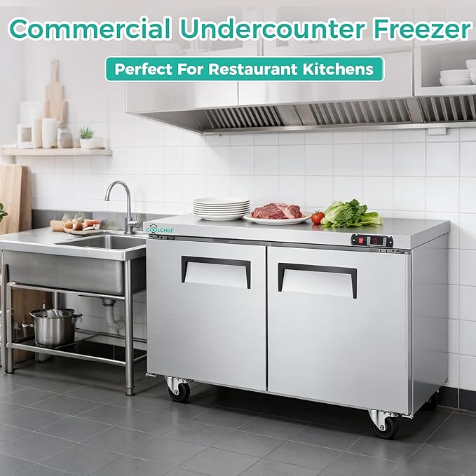 60" Commercial Double Door Worktop Freezer, 17 Cu.ft Stainless Steel Undercounter Freezer, -8–0°F, R290