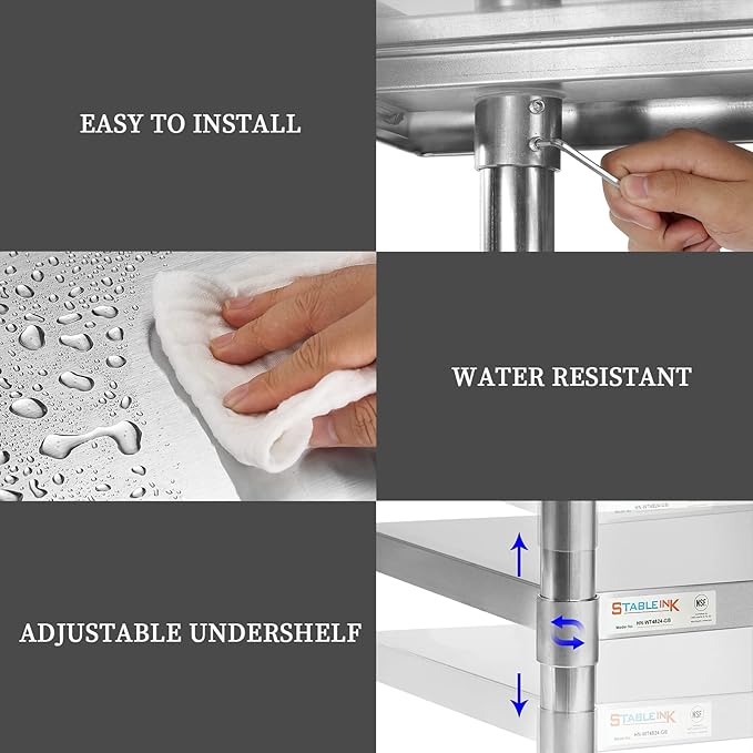 STABLEINK NSF Stainless Steel Table, 24 x 36 Inches Metal Prep & Work Table with Adjustable Undershelf, for Commercial Kitchen, Restaurant, Hotel and Garage，Stainless Steel prep Table Work Table