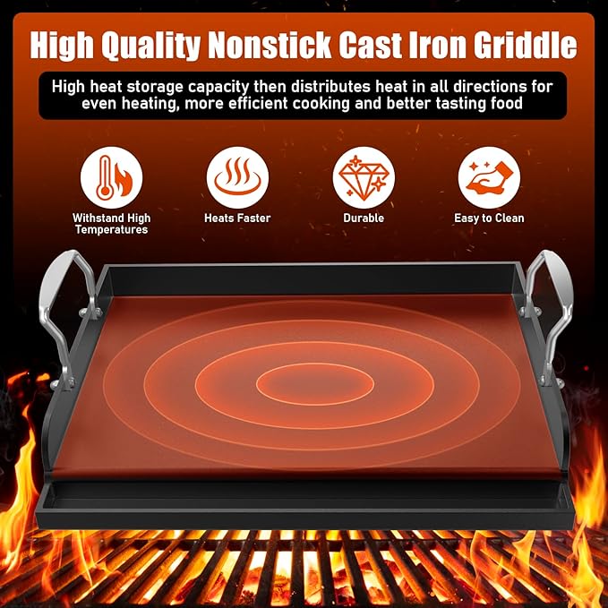 Griddle for Gas Grill, Flat Top Cast Iron Griddle Insert for Outdoor Gas 17" x13" Nonstick Coating Cooking Skillet Pan Teppanyaki for Weber Charbroil Camp Chef Charcoal Electric