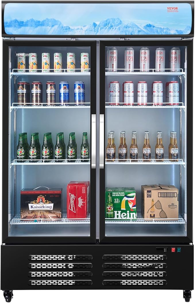 VEVOR Commercial Merchandiser Refrigerator, 36.27 CU.FT Upright Beverage Cooler, 2 Glass Door Display Refrigerator with 8 Adjustable Shelves, Soft LED Light, Customizable Lightbox, Casters, Black