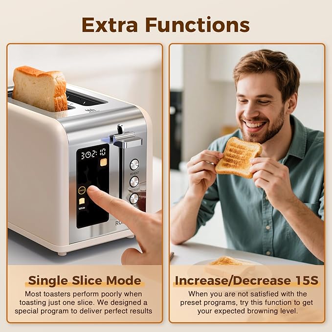 2 Slice Easy Touch Screen Toaster, Stainless Steel Toaster with Wide Slots, Even Toasting for Bagels & Bread, Reheat & Defrost, Removable Crumb Tray, Cream Color