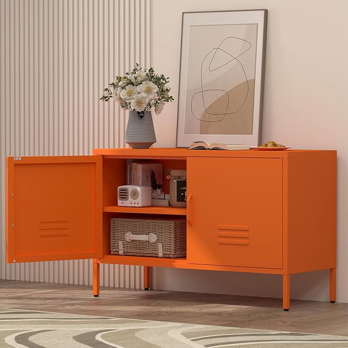 Locker Cabinet,Metal Storage Cabinet with 2 Doors,Morden TV Stand for Living Room,Bedroom,Orange