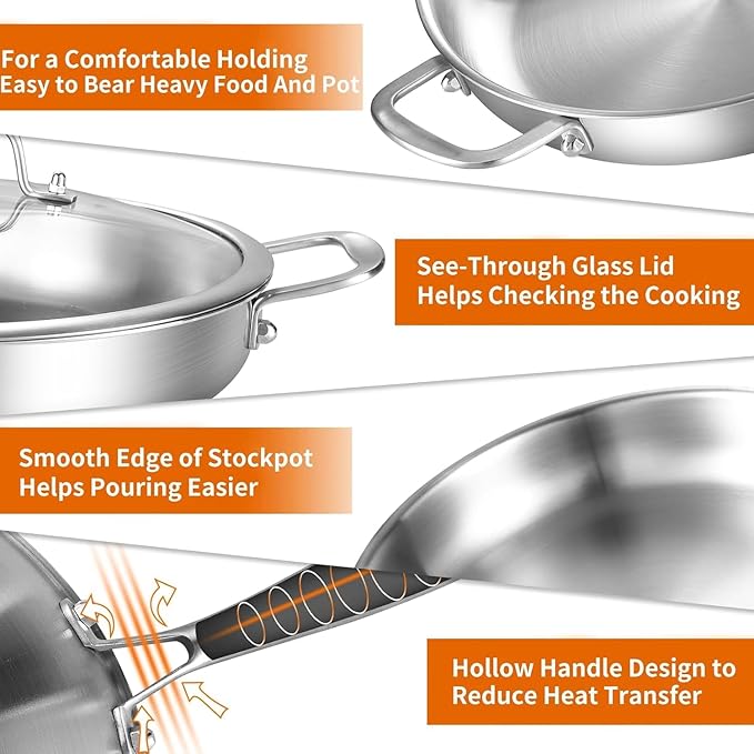 DELARLO 2-Piece Stainless Steel Pan 12-inch & 14-Inch, Frying Pan with Lid, Heavy Duty, Compatible with Induction, Electric up to 650℉, Fast & Even Heating, Durable, Dishwasher, Oven Safe Skillet