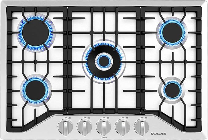 GASLAND 30 Inch Gas Cooktop, PRO GH2305SF 5 Burner Propane Stovetop, Built-in NG/LPG Convertible Cooktops, Gas Countertop Plug-in with Thermocouple Protection, Stainless Steel