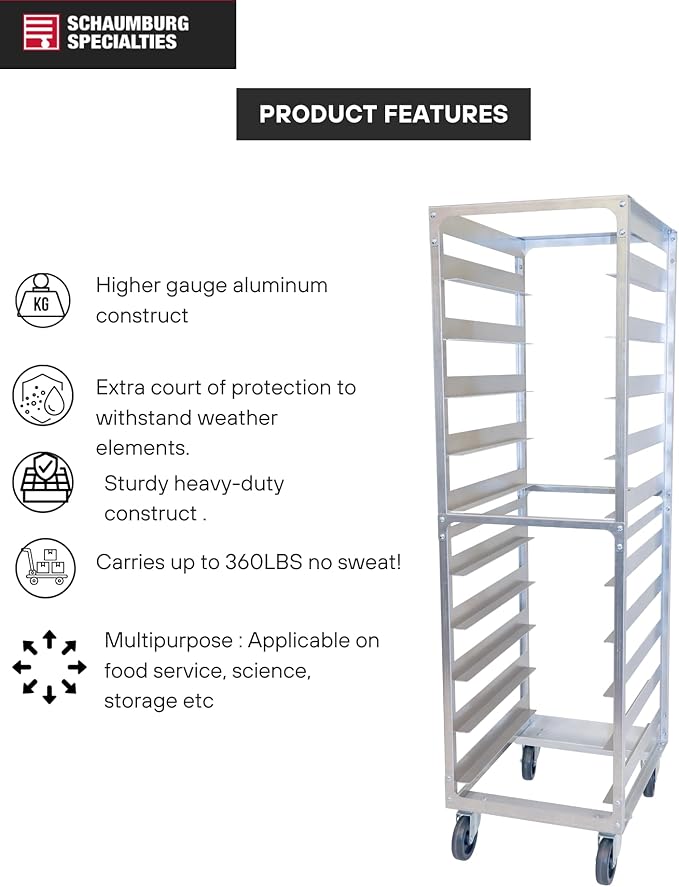 10 Pan 6" Spacing Commercial Aluminium Bun Racks, NSF Listed Heavy Duty Speed Rack for Bakery, Restaurant & Catering, 10 Tier 20.5" x 26" x 70" Speed Rack with Heavy Duty Plate Casters