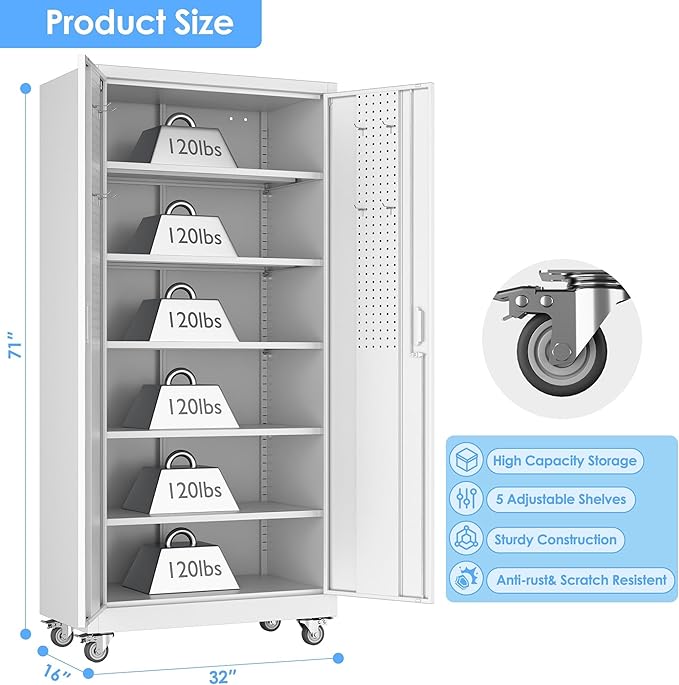 SUXXAN Garage Storage Cabinet with Pegboard and 5 Adjustable Shelves, 71'' x 32'' x 16''Metal Lockable Cabinet with Magnetic Doors,Tool Storage,Home Office Garage,Gym,School(White)